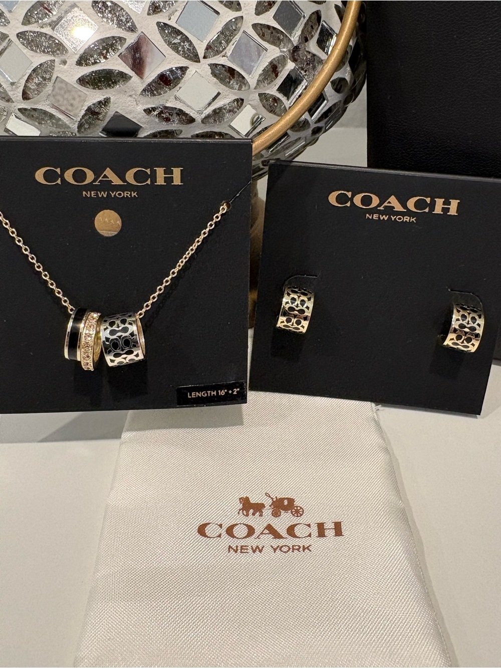 COACH Gold and Black Enamel Necklace with Matching Small Hoop Earrings
